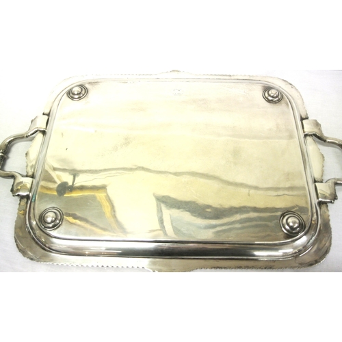 99 - Large George V Sheffield silver serving tray with shell and gadroon borders, shaped handles, foliate... 