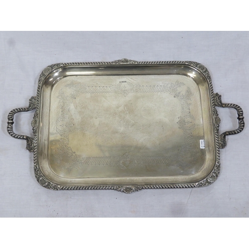 99 - Large George V Sheffield silver serving tray with shell and gadroon borders, shaped handles, foliate... 