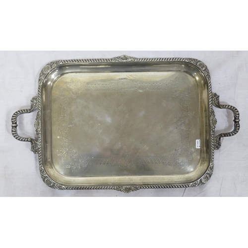 99 - Large George V Sheffield silver serving tray with shell and gadroon borders, shaped handles, foliate... 