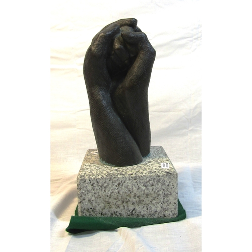 203 - Marie Doyle Bronze sculpture 'Hands holding' 25cm, on square marble base, signed