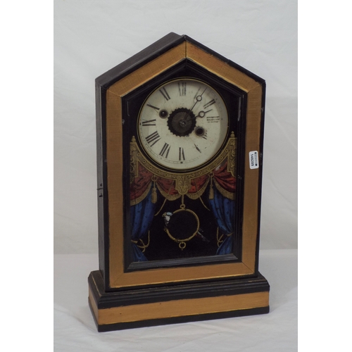 302 - Edwardian style mantle clock with angled top, round enamel dial, painted glazed door, on plinth