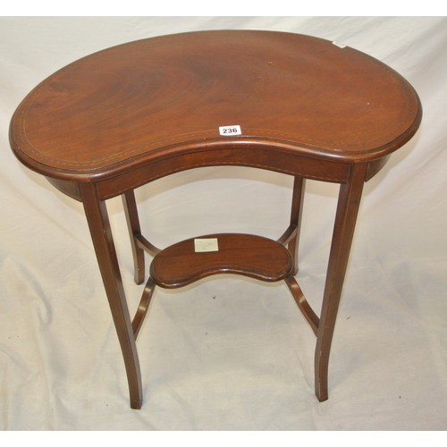 311 - Edwardian inlaid mahogany 2 tier kidney shaped occasional table with inlaid tapering legs & stretche... 