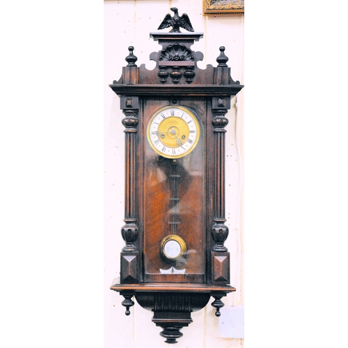 319 - Victorian mahogany Vienna wall clock with brass framed enamel & brass face, enamel pendulum, reeded ... 