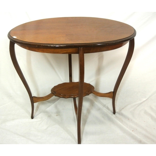 331 - Edwardian 2 tier oval mahogany occasional table with cabriole legs & shaped stretcher