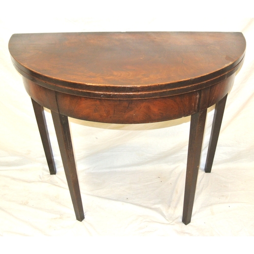 330 - Georgian walnut demi-lune tea or hall table with fold-over top, gateleg support, bowed frieze, on sq... 