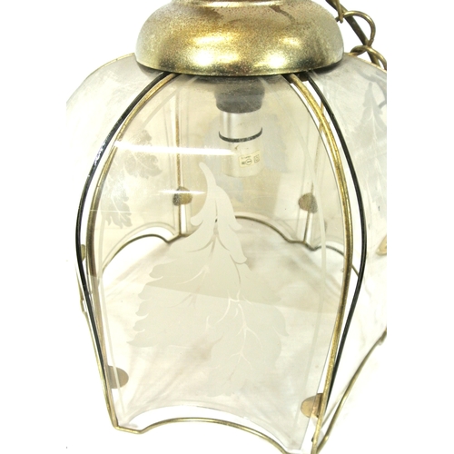 338 - Edwardian brass framed hanging hall light with foliate etched panels