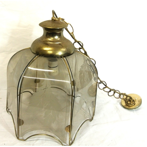 338 - Edwardian brass framed hanging hall light with foliate etched panels