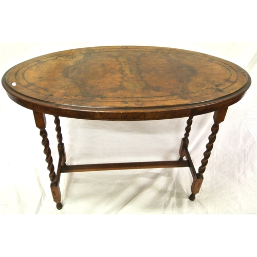 339 - Victorian inlaid walnut oval occasional table with foliate & string inlay, barleytwist columns, & ob... 