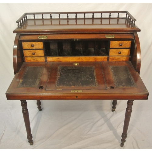 350 - Victorian mahogany desk with railed top, tambour pull-down front, fitted interior, pull-out writing ... 