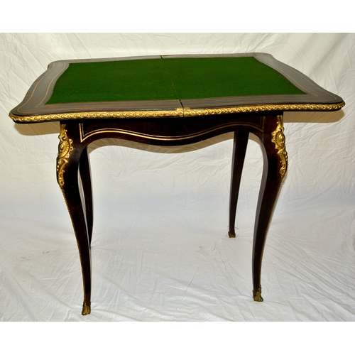 376 - Louis XV inlaid card table with ormolu mounted serpentine borders, ornate brass inlay, swivel top wi... 