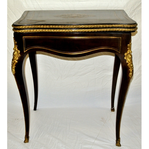 376 - Louis XV inlaid card table with ormolu mounted serpentine borders, ornate brass inlay, swivel top wi... 