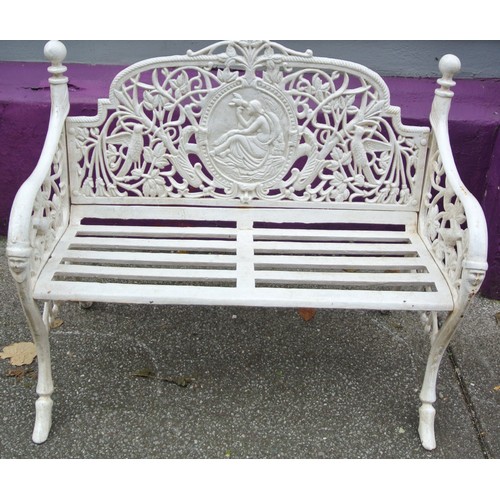 464 - Cast iron garden bench with shaped arms & finials, ornate bird figured & foliate decoration, slated ... 