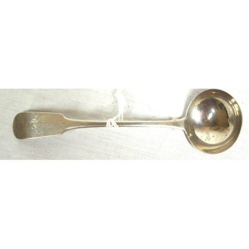 125 - Irish Provincial George III silver small sauce ladle with fiddle pattern crested handle and round bo... 