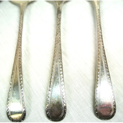 144 - Set of 6 Irish silver dessert spoons with bright cut handles, by Richard Sawyer, Dublin 1809, 117g, ... 