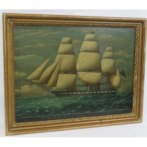 196 - Victorian maritime school 'HMS Chesapeake Homeward Bound' oil on board 37x51cm