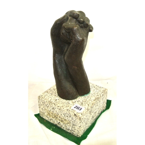 203 - Marie Doyle Bronze sculpture 'Hands holding' 25cm, on square marble base, signed