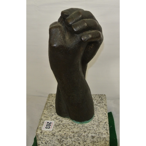 203 - Marie Doyle Bronze sculpture 'Hands holding' 25cm, on square marble base, signed