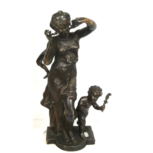 204 - Ornate allegorical bronzed figure of a lady and child, on shaped base H 48 cm Base 18 x12 cm