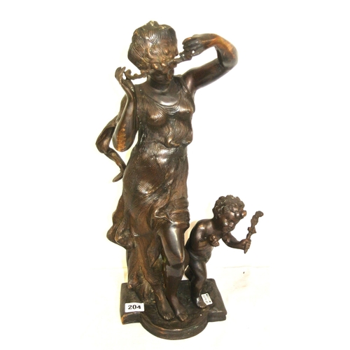 204 - Ornate allegorical bronzed figure of a lady and child, on shaped base H 48 cm Base 18 x12 cm