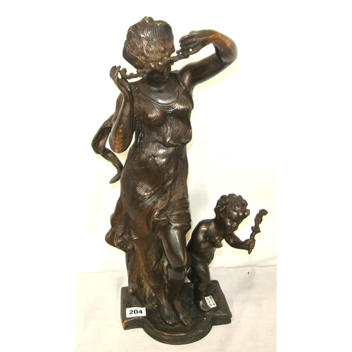 204 - Ornate allegorical bronzed figure of a lady and child, on shaped base H 48 cm Base 18 x12 cm