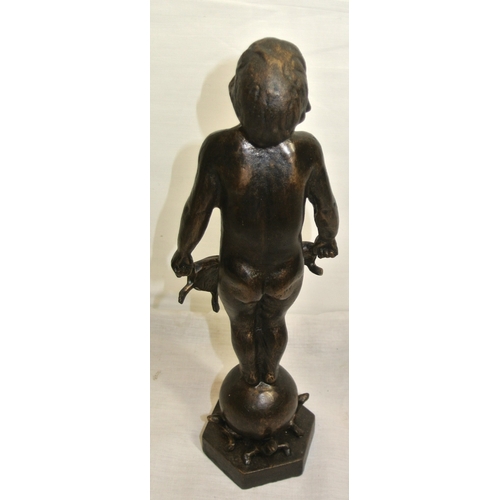 209 - Ornate bronzed ornament of a boy with turtles on hexagonal base