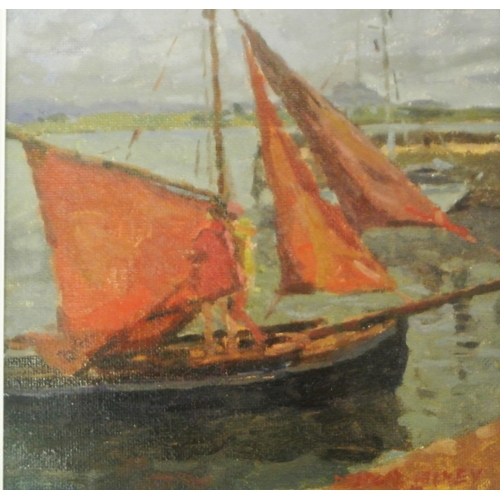 218 - Desmond Hickey 'Galway hooker' oil on board, 26x26cm, signed