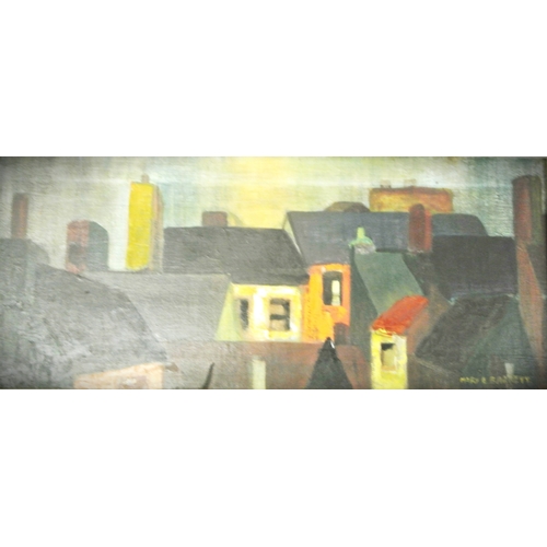 224 - Mary E Barrett 'Rooftops' oil on canvas, 30x70cm, signed