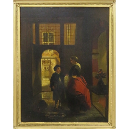 227 - After Pietr de Hooch 'Figures by a porch' oil on board, 47x36cm, signed