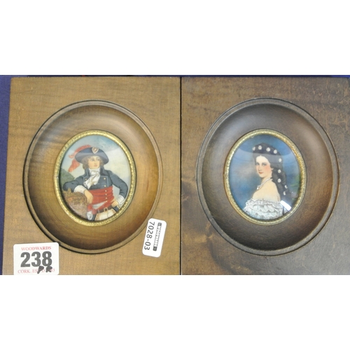 238 - Pair of miniature portraits of an officer and a lady, oval 6.5cm