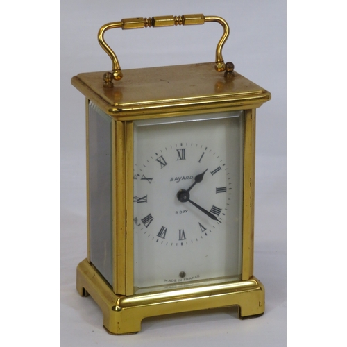 242 - Bayard 8-day French brass carriage clock with bevelled glass panes and shaped handle