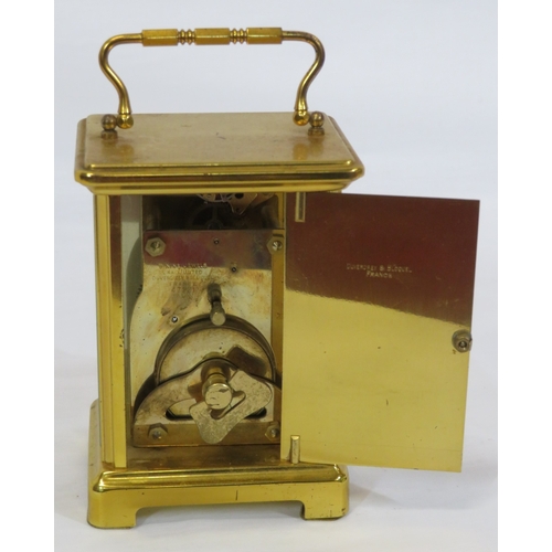 242 - Bayard 8-day French brass carriage clock with bevelled glass panes and shaped handle