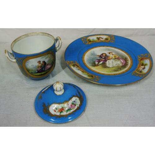 247 - Sevres celeste blue chocolate cup and cover with figured and gilt decoration, shaped handles, and ma... 