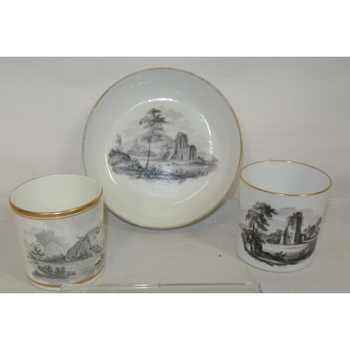 248 - Two Bat printed cups and one saucer with scenic and bull decoration