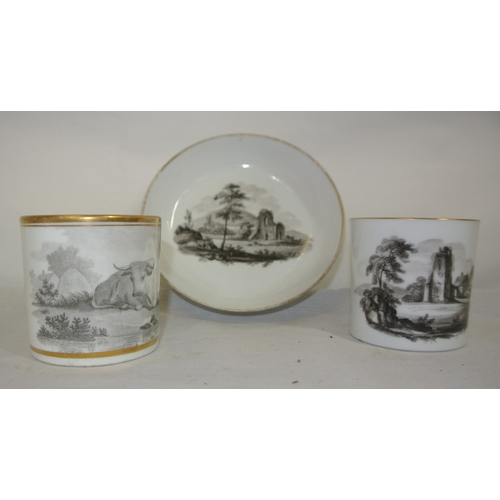 248 - Two Bat printed cups and one saucer with scenic and bull decoration