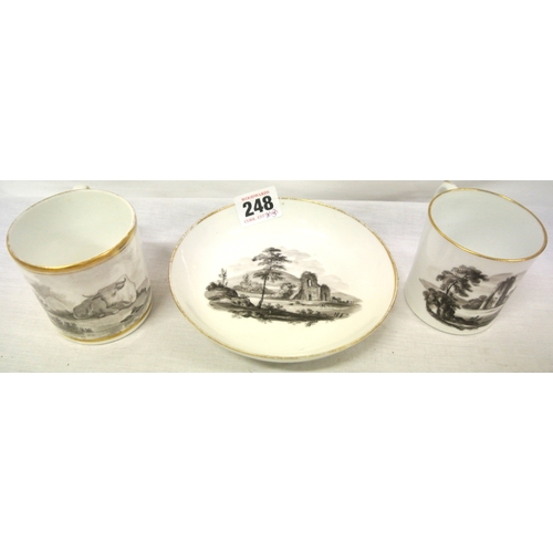 248 - Two Bat printed cups and one saucer with scenic and bull decoration