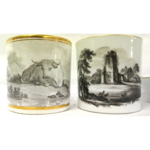 248 - Two Bat printed cups and one saucer with scenic and bull decoration