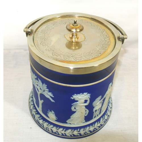 249 - Round Wedgwood biscuit jar with figured and foliate decoration in relief, with plated lid