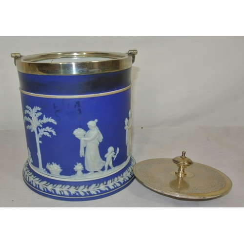 249 - Round Wedgwood biscuit jar with figured and foliate decoration in relief, with plated lid