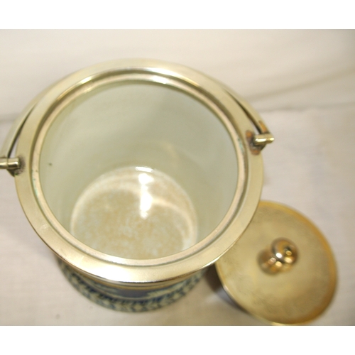 249 - Round Wedgwood biscuit jar with figured and foliate decoration in relief, with plated lid