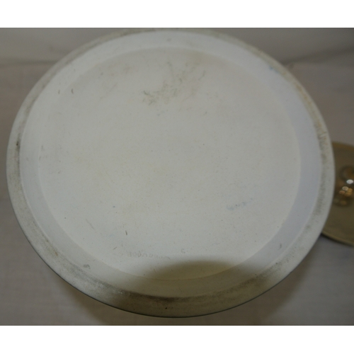 249 - Round Wedgwood biscuit jar with figured and foliate decoration in relief, with plated lid