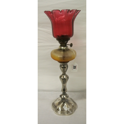 25 - Birmingham silver oil lamp with tinted glass bowl and shade, shaped column and stepped base