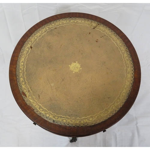 264 - Edwardian round occasional table with leatherette inset, frieze drawers, turned column, on reeded tr... 