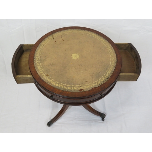 264 - Edwardian round occasional table with leatherette inset, frieze drawers, turned column, on reeded tr... 