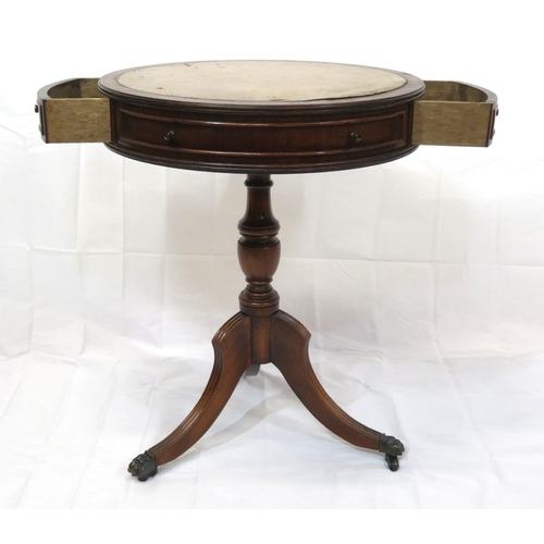 264 - Edwardian round occasional table with leatherette inset, frieze drawers, turned column, on reeded tr... 