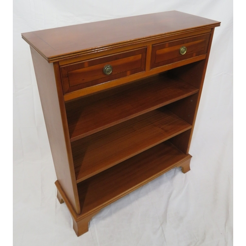 270 - Inlaid yew bookshelf with 2 frieze drawers, drop handles, adjustable shelving, on bracket feet