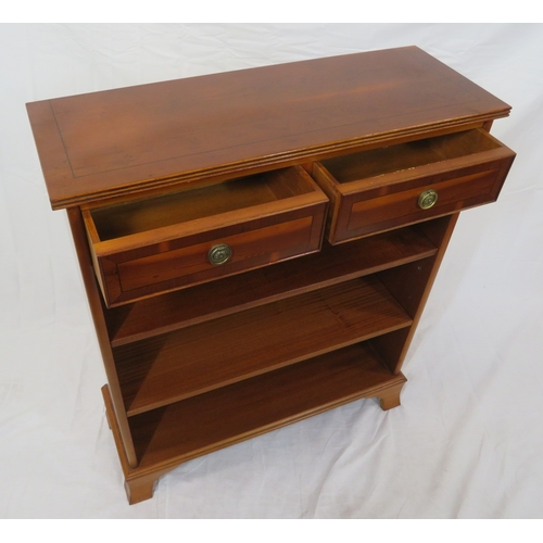 270 - Inlaid yew bookshelf with 2 frieze drawers, drop handles, adjustable shelving, on bracket feet