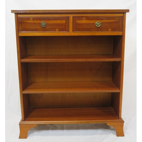 270 - Inlaid yew bookshelf with 2 frieze drawers, drop handles, adjustable shelving, on bracket feet