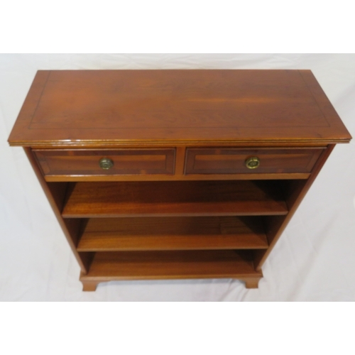 270 - Inlaid yew bookshelf with 2 frieze drawers, drop handles, adjustable shelving, on bracket feet