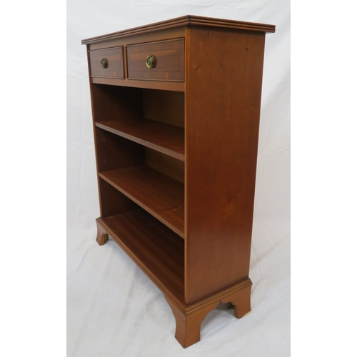 270 - Inlaid yew bookshelf with 2 frieze drawers, drop handles, adjustable shelving, on bracket feet