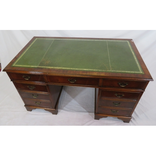 280 - Edwardian design oblong desk with leatherette inset, two drawers with drop handles, shaped columns &... 